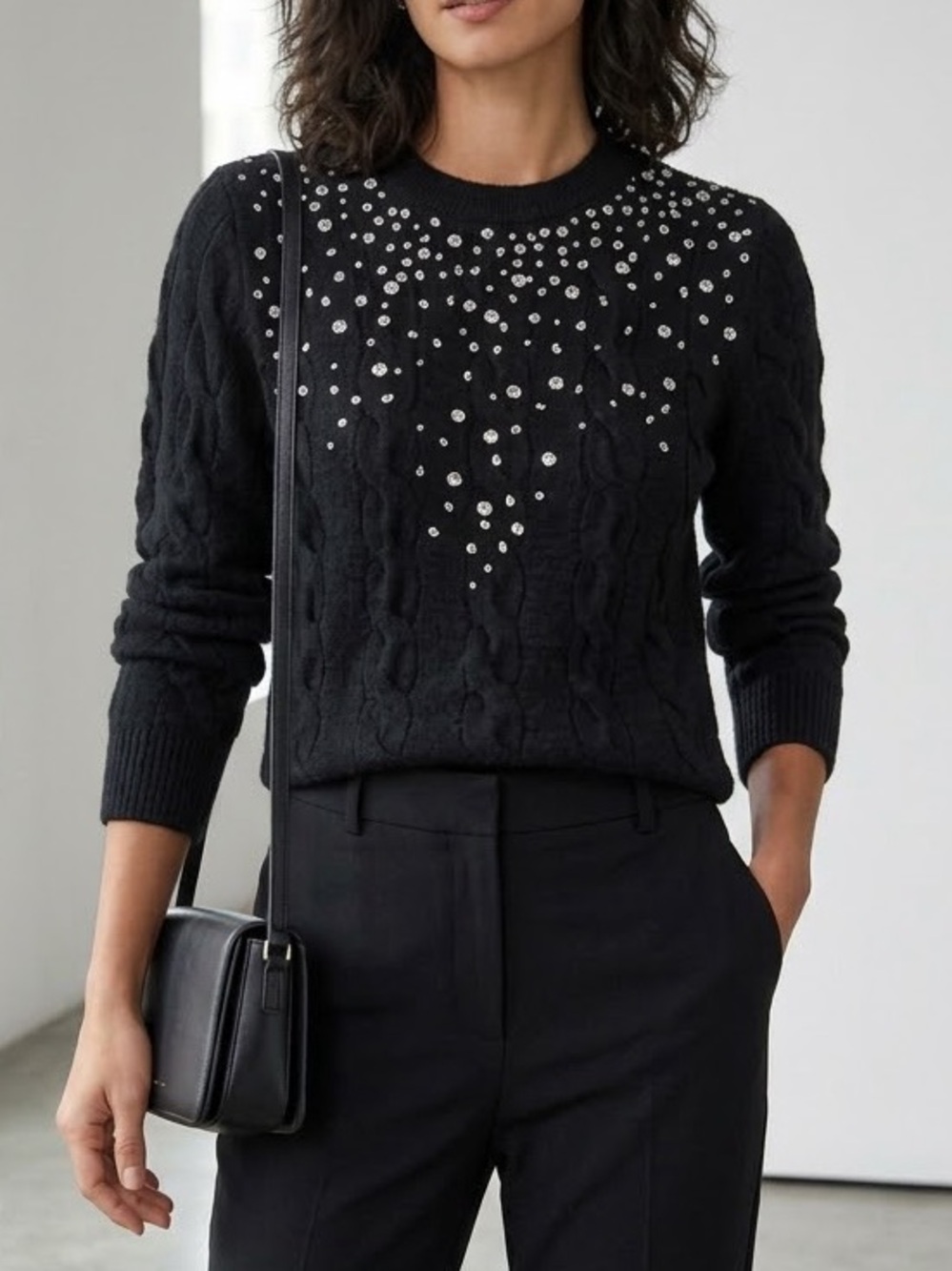Halogen Embellished Front Cable Knit Sweater Rhinestone Collar Black Medium